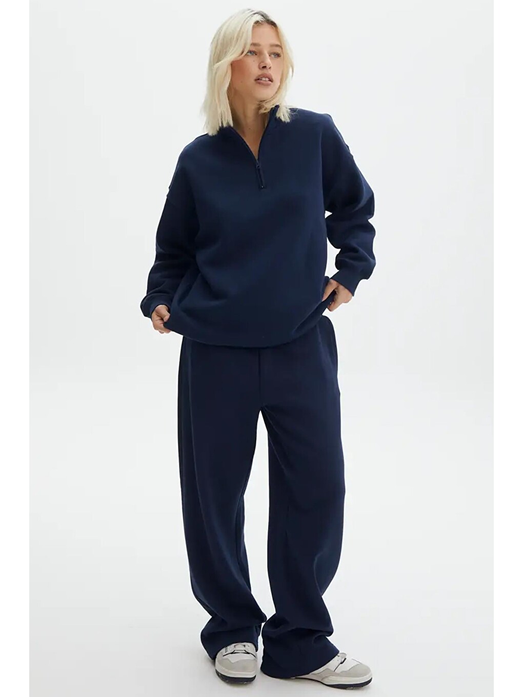 Lacivert Fermuar Detaylı Oversize Sweatshirt Mg1933-1