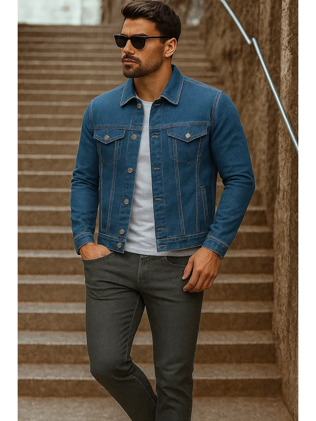 Erkek Mevsimlik Basic Günlük Trend K.Mavi Jean Ceket-3