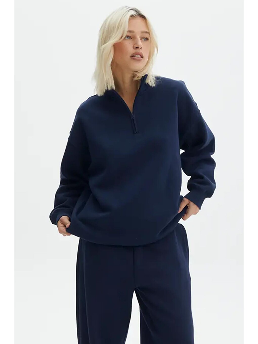Lacivert Fermuar Detaylı Oversize Sweatshirt Mg1933-3