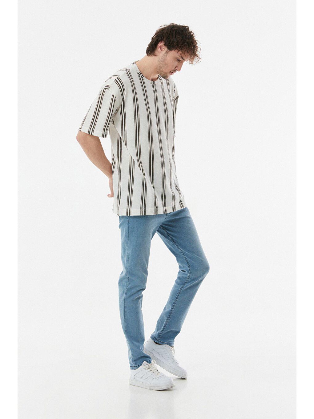 Haki Çizgili Bisiklet Yaka Oversize Tişört-1