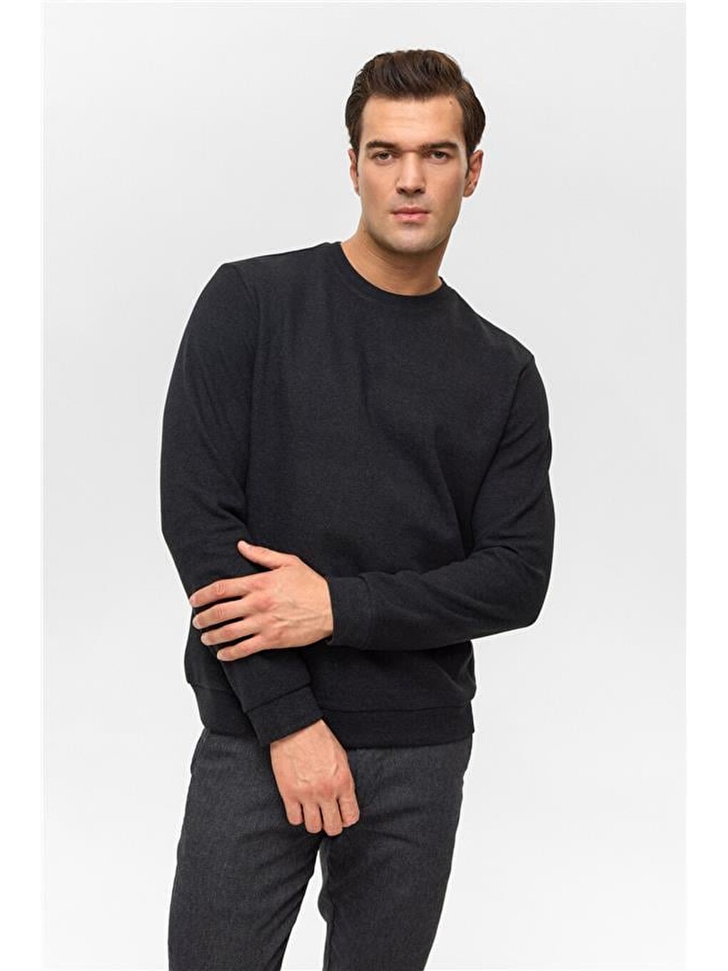 Siyah Regular Düz Bisiklet Yaka Sweatshirt-2