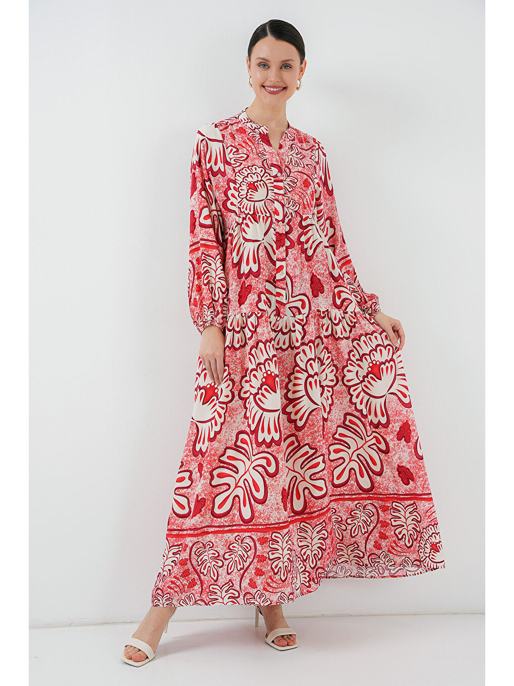 2423 Otantik Desenli Tesettür Elbise - N. Kırmızı