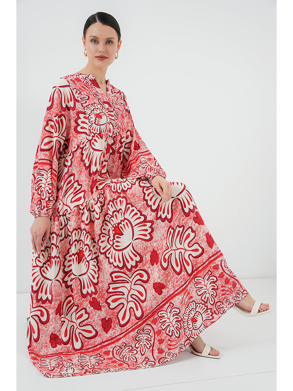 2423 Otantik Desenli Tesettür Elbise - N. Kırmızı-1