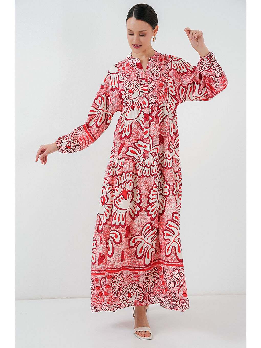 2423 Otantik Desenli Tesettür Elbise - N. Kırmızı-2