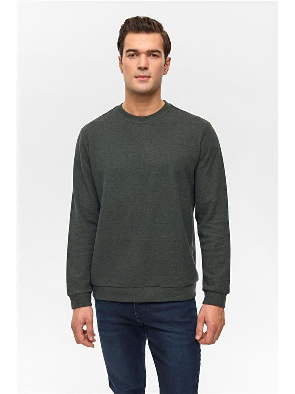 Haki Regular Düz Bisiklet Yaka Sweatshirt