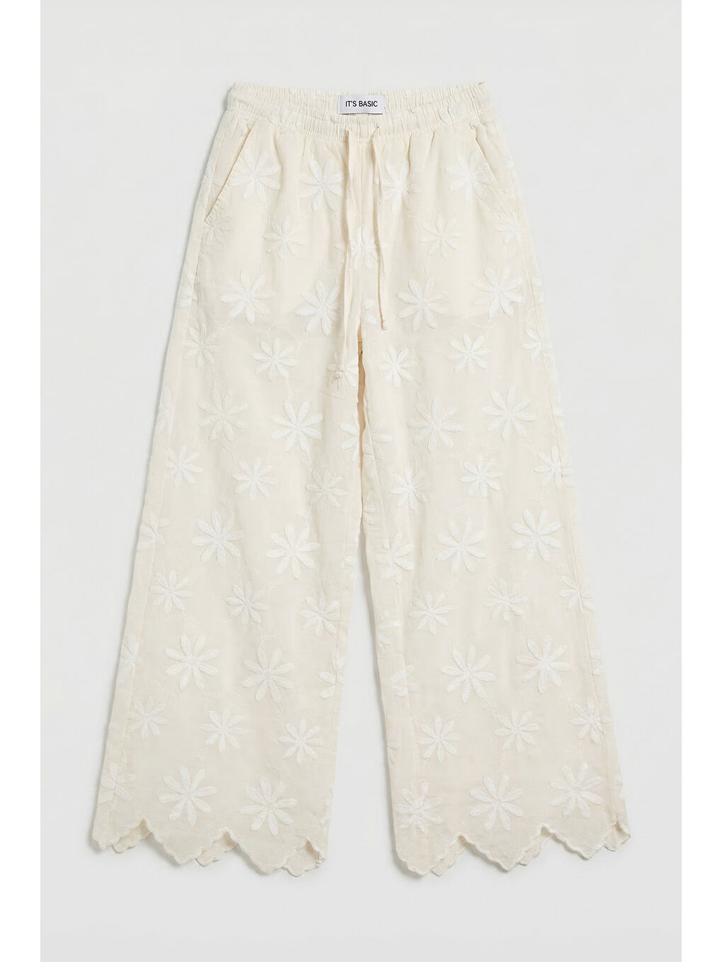 Bej Kadın Taş Renk Palazzo Fit Papatya Desenli Özel Tasarım Pantolon-3