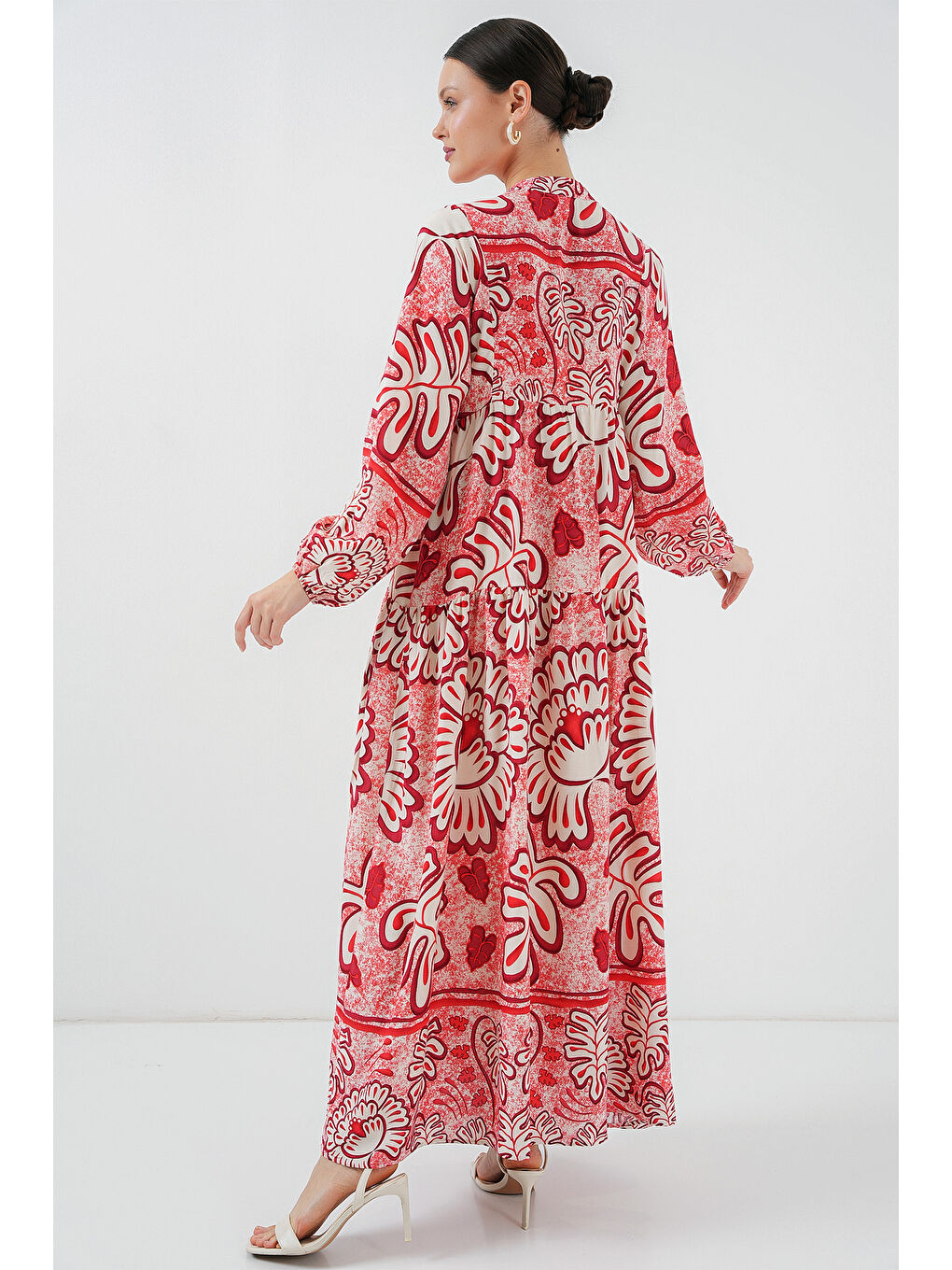 2423 Otantik Desenli Tesettür Elbise - N. Kırmızı-4