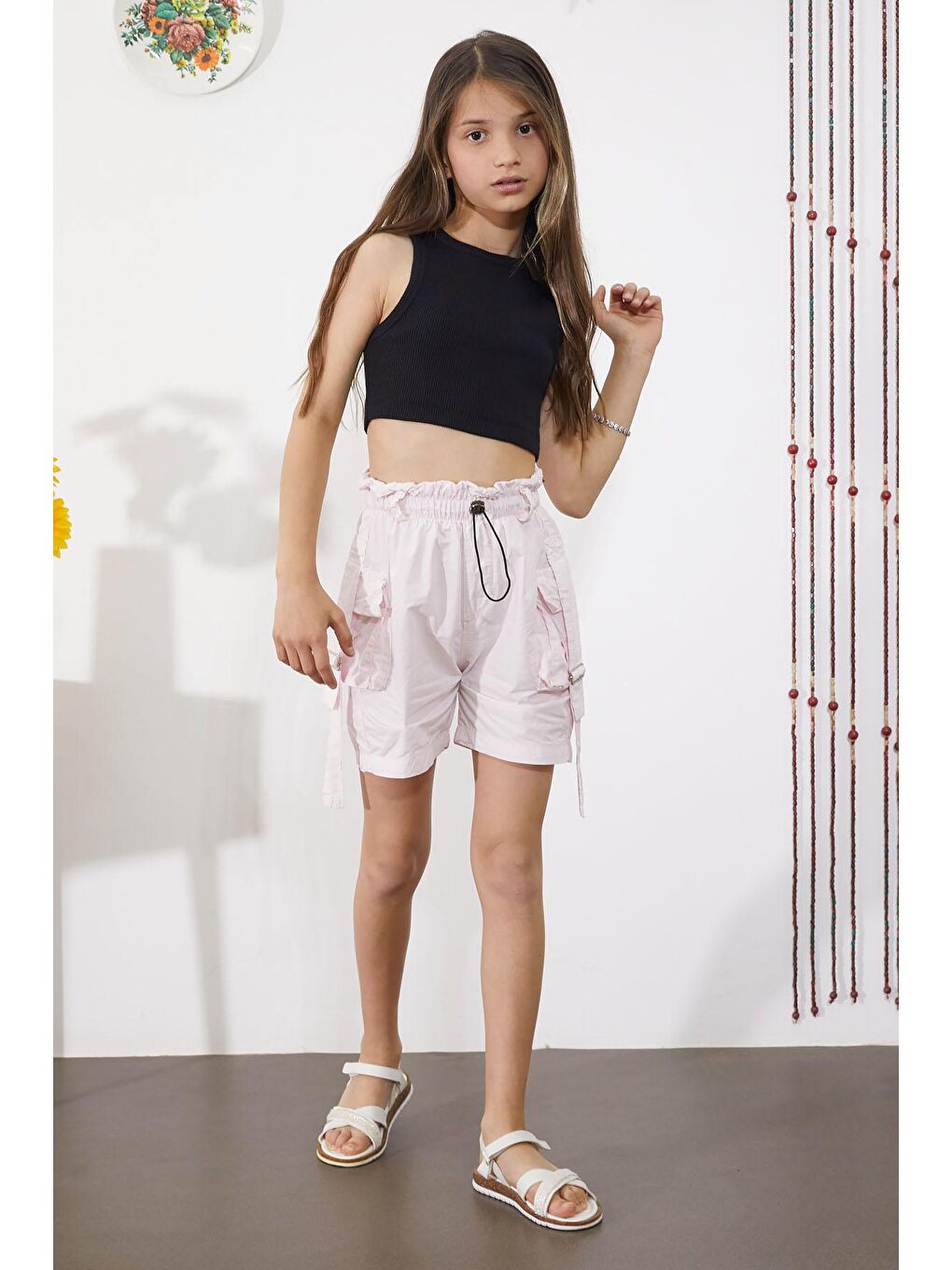 Pembe Kargo Cepli Beli Lastikli Kız Paraşüt Şort 18859