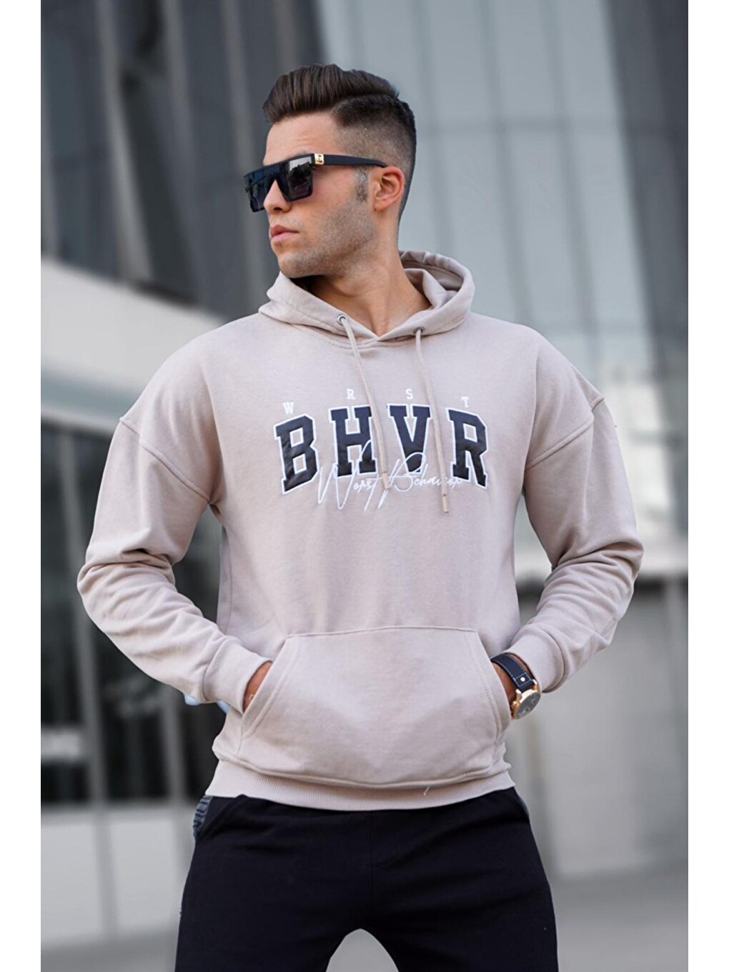 Bej Erkek Kapüşonlu Sweatshirt Hoodie 5326