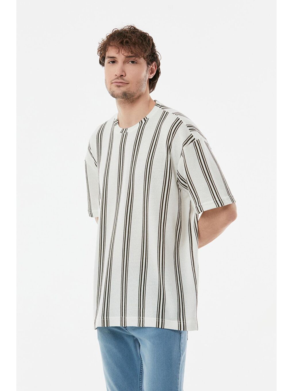 Haki Çizgili Bisiklet Yaka Oversize Tişört-2