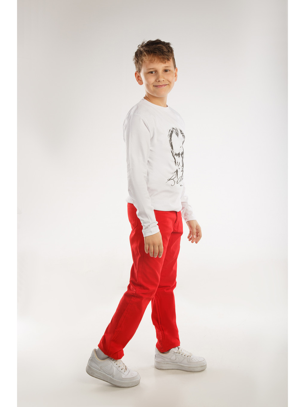 Beyaz Kids Bisiklet Yaka Atatürk Baskılı Uzun Kollu Erkek Çocuk Tişört-1