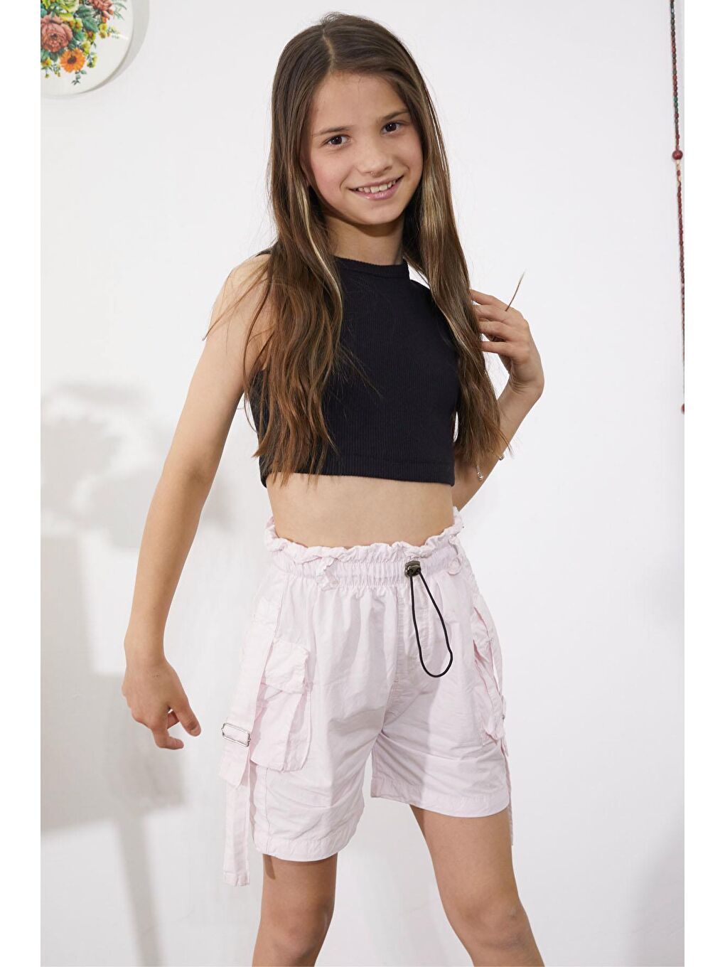 Pembe Kargo Cepli Beli Lastikli Kız Paraşüt Şort 18859-1