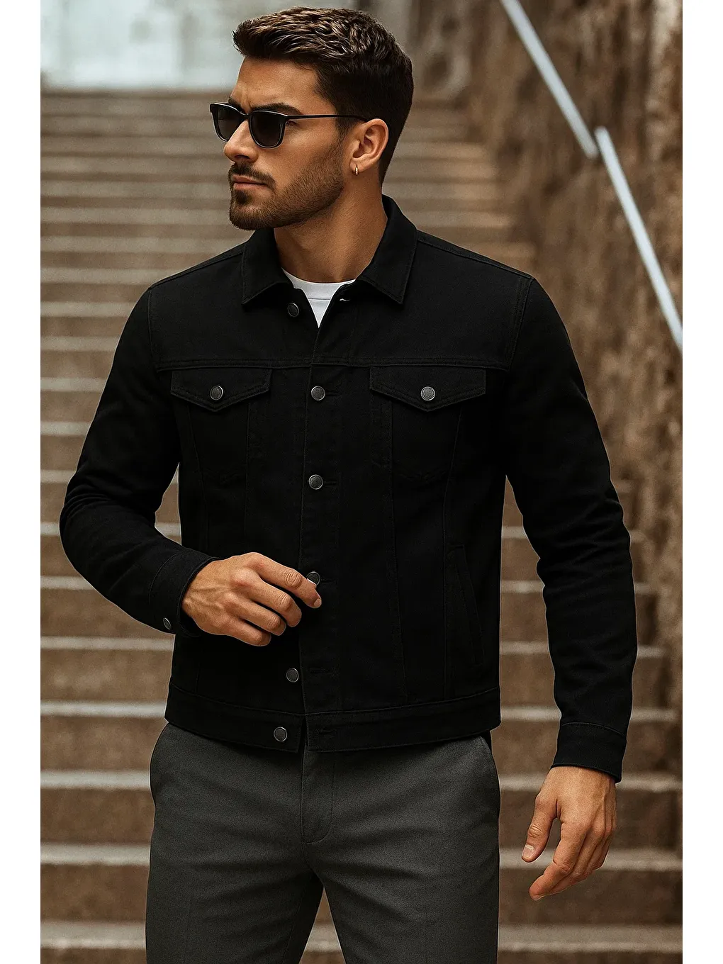 Erkek Mevsimlik Basic Günlük Trend Siyah Jean Ceket-1