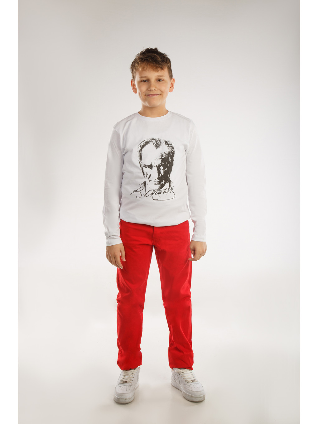 Beyaz Kids Bisiklet Yaka Atatürk Baskılı Uzun Kollu Erkek Çocuk Tişört-2