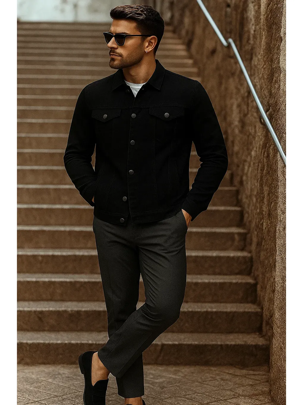 Erkek Mevsimlik Basic Günlük Trend Siyah Jean Ceket-2