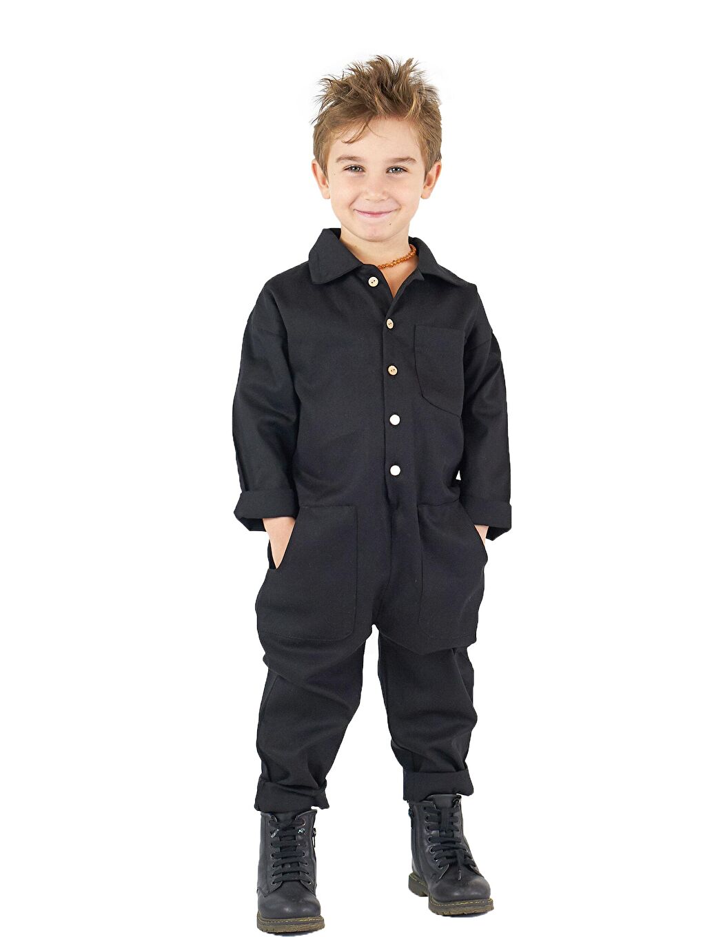 Catz Kids Siyah Gabardin Yakalı ve Cepli Tulum