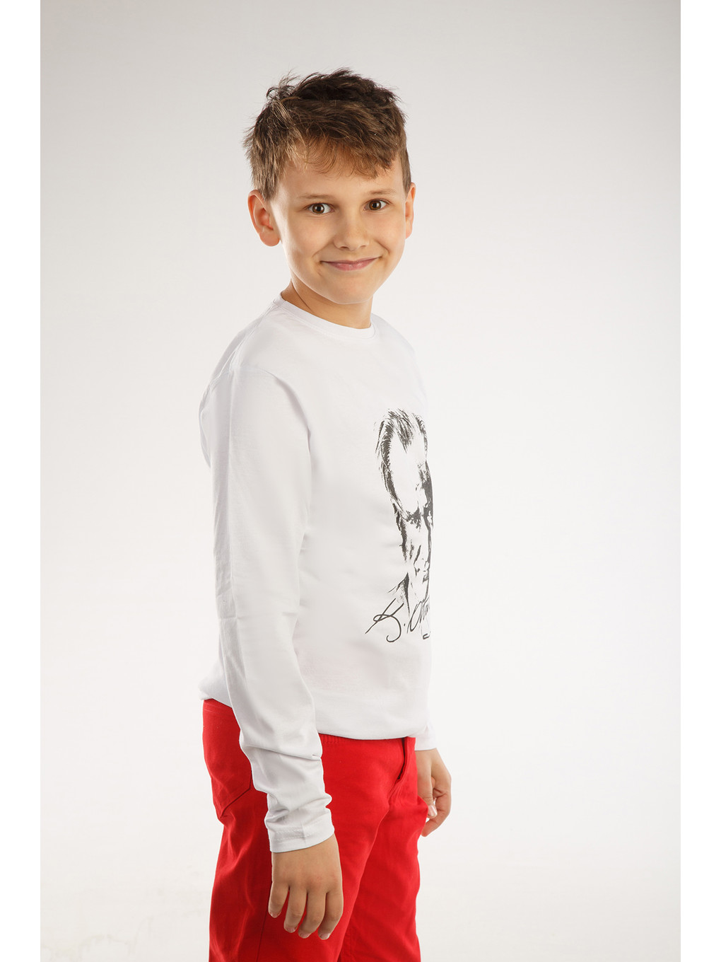 Beyaz Kids Bisiklet Yaka Atatürk Baskılı Uzun Kollu Erkek Çocuk Tişört-3