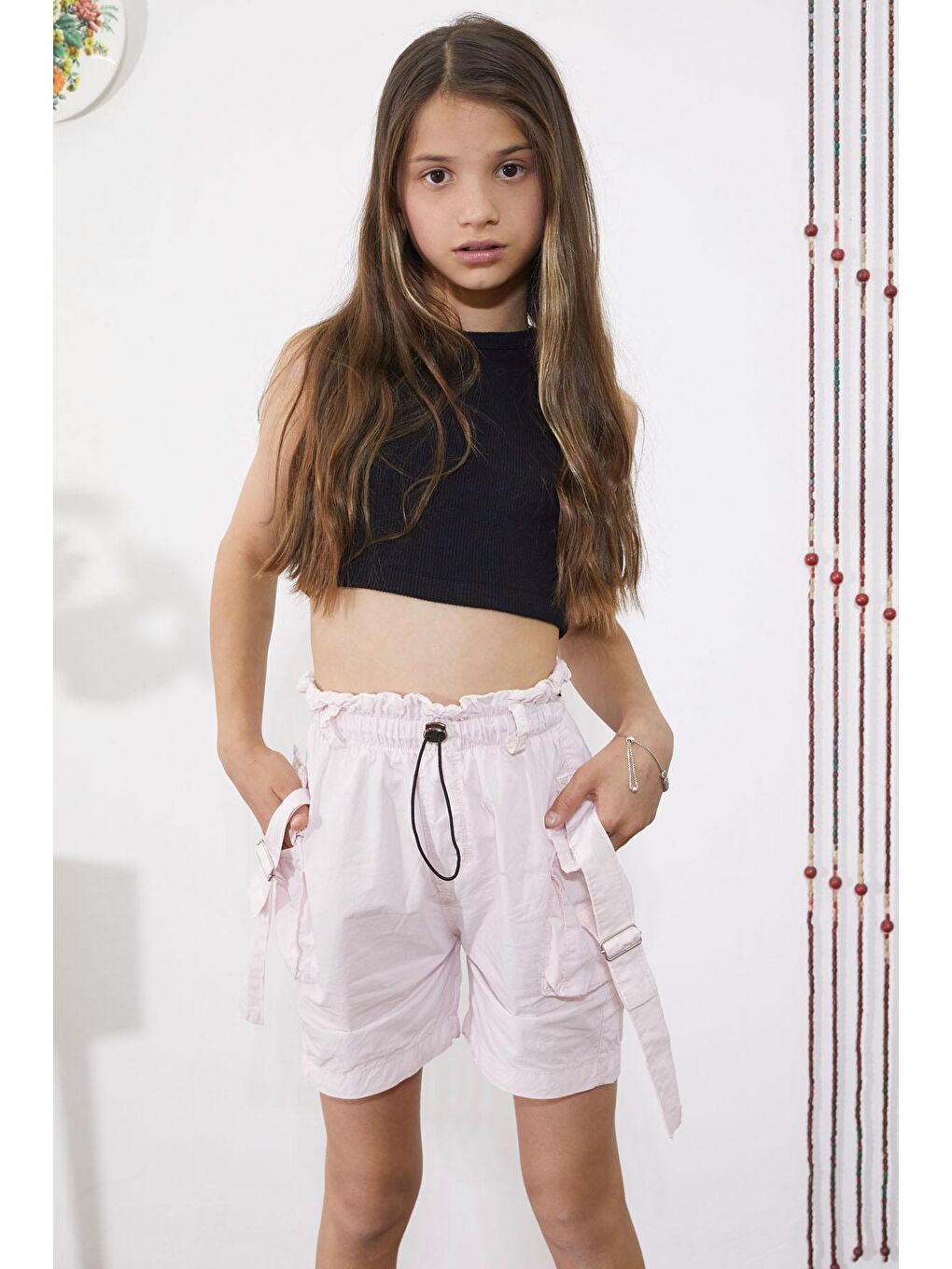 Pembe Kargo Cepli Beli Lastikli Kız Paraşüt Şort 18859-2
