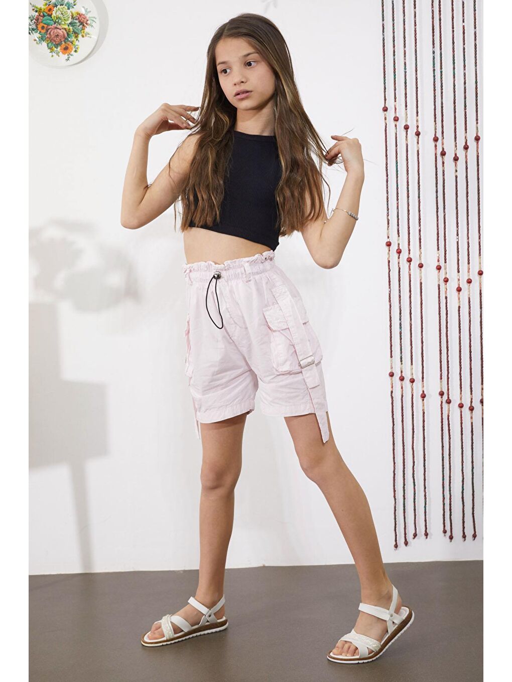 Pembe Kargo Cepli Beli Lastikli Kız Paraşüt Şort 18859-3