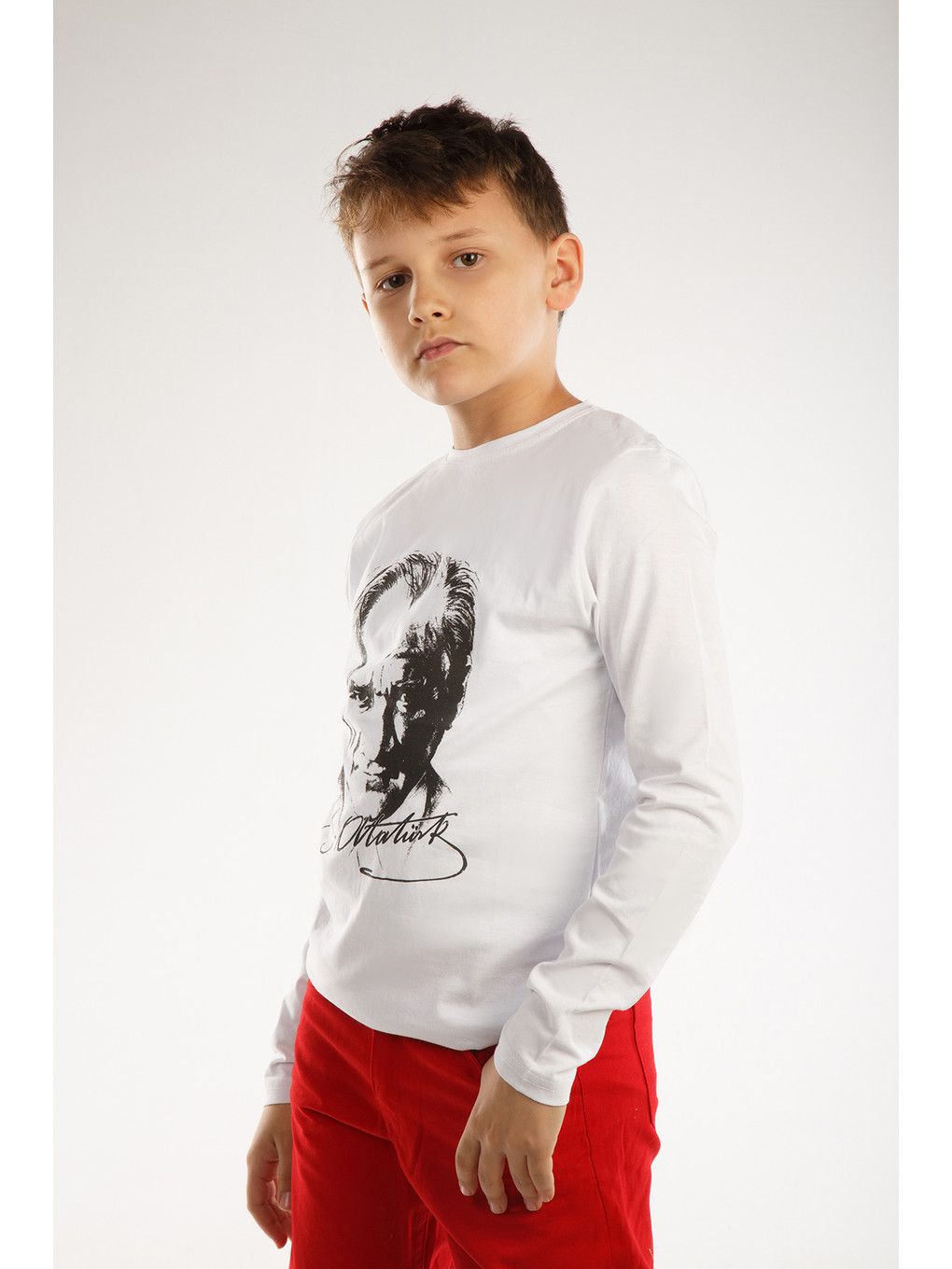 Beyaz Kids Bisiklet Yaka Atatürk Baskılı Uzun Kollu Erkek Çocuk Tişört-5