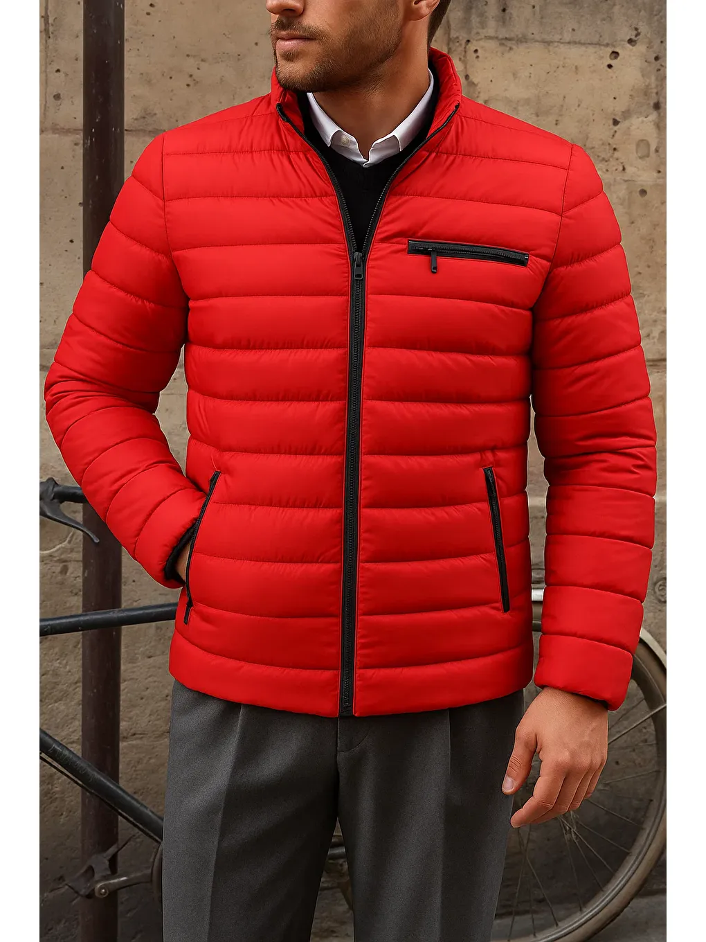 Erkek Kışlık Slim Fit Günlük Kırmızı Şişme Mont