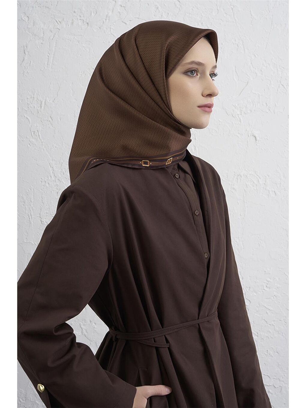 Kahverengi Monogram Desenli Saf İpek Twill Eşarp 9401D 80-1