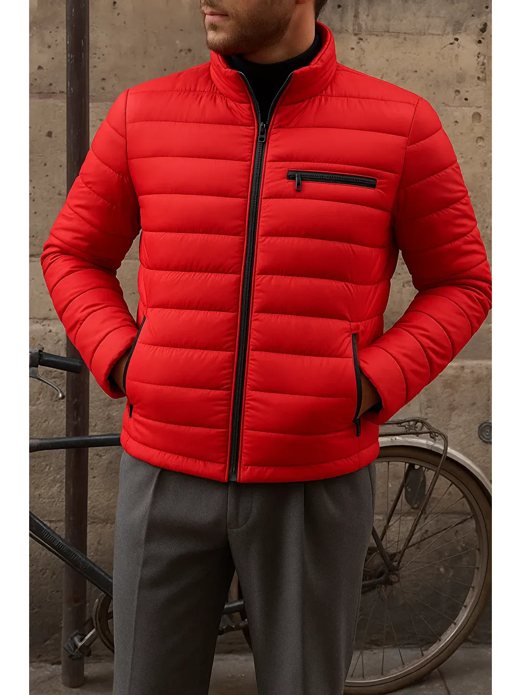 Erkek Kışlık Slim Fit Günlük Kırmızı Şişme Mont-1