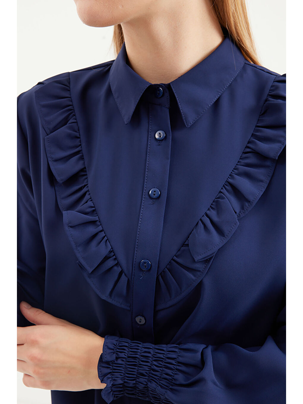 20223 Fırfırlı Uzun Kol Gömlek - Lacivert-3