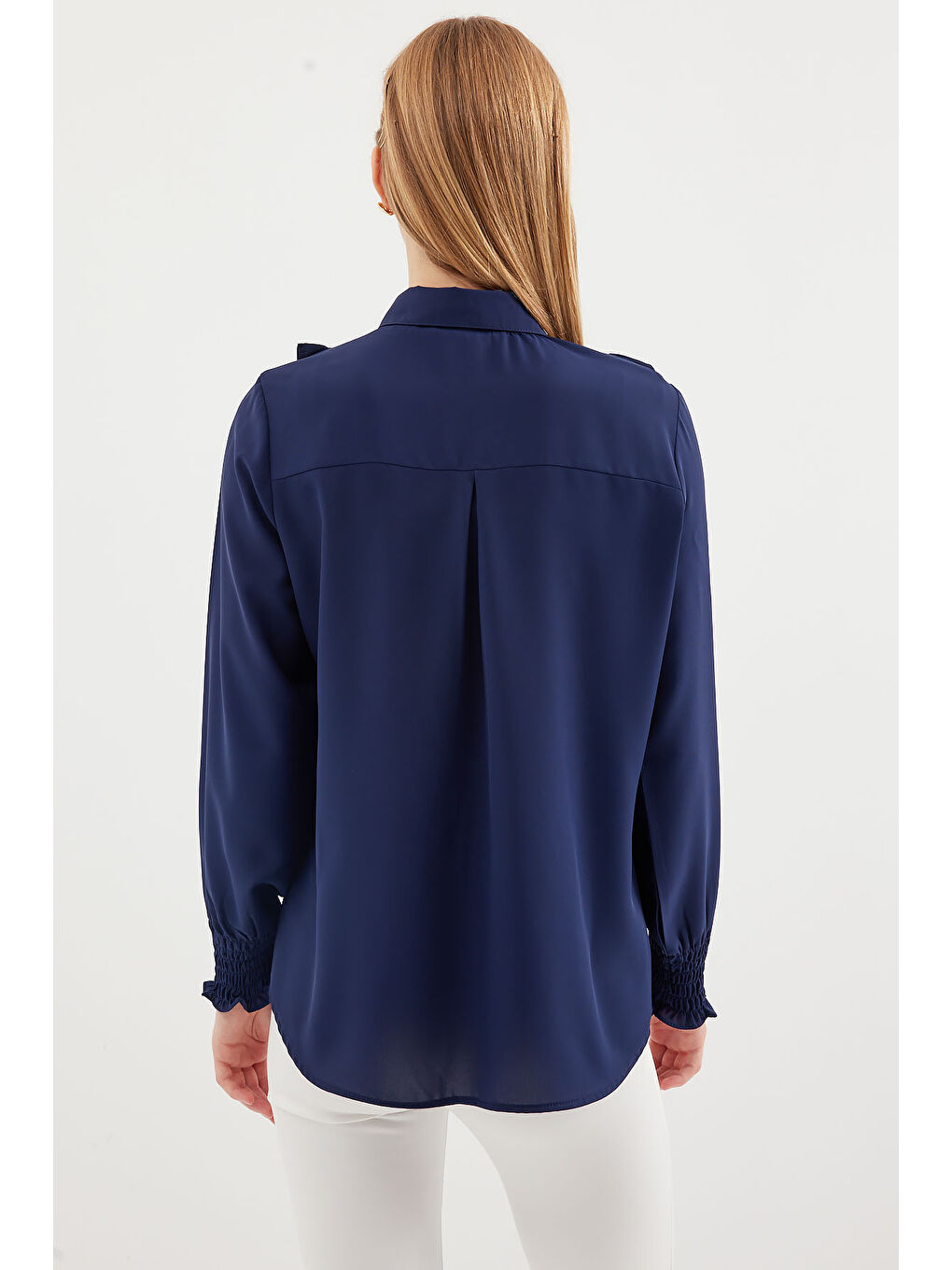 20223 Fırfırlı Uzun Kol Gömlek - Lacivert-4