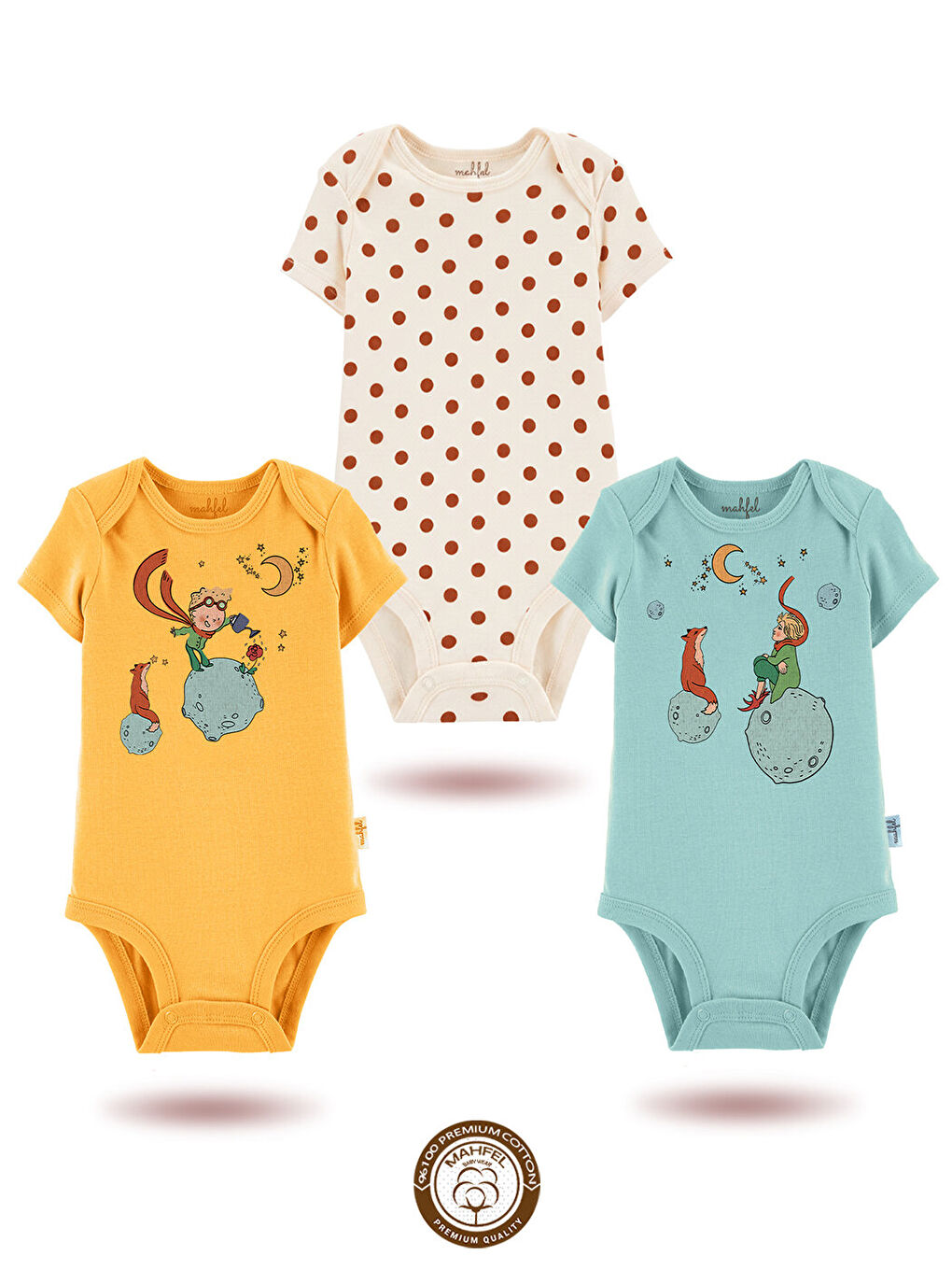 Mavi 3'lü %100 Pamuklu Organik Baskılı Kısa Kollu Çıtçıtlı Bebek Body Zıbın 10-21