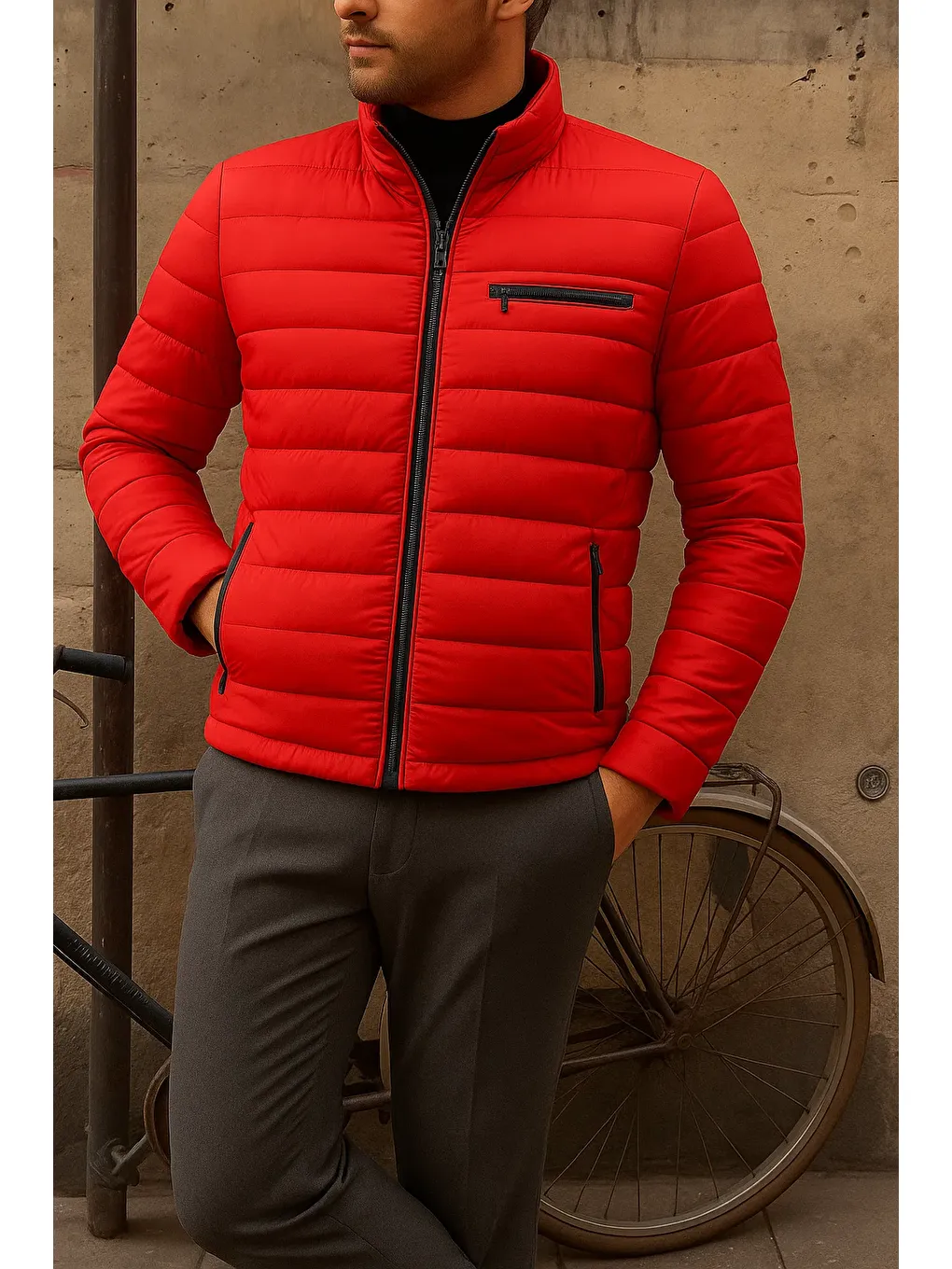 Erkek Kışlık Slim Fit Günlük Kırmızı Şişme Mont-2