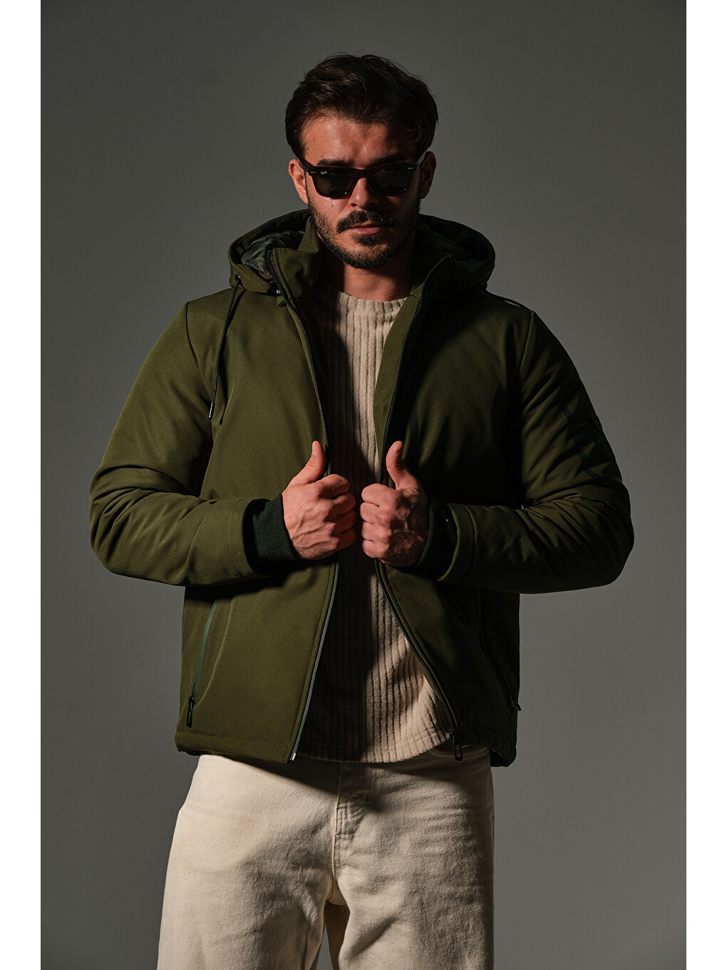 Haki Kapitone elyaflı Softshell, çıkarılabilir Kapüşonlu kışlık erkek Outdoor Mont @Berge-1