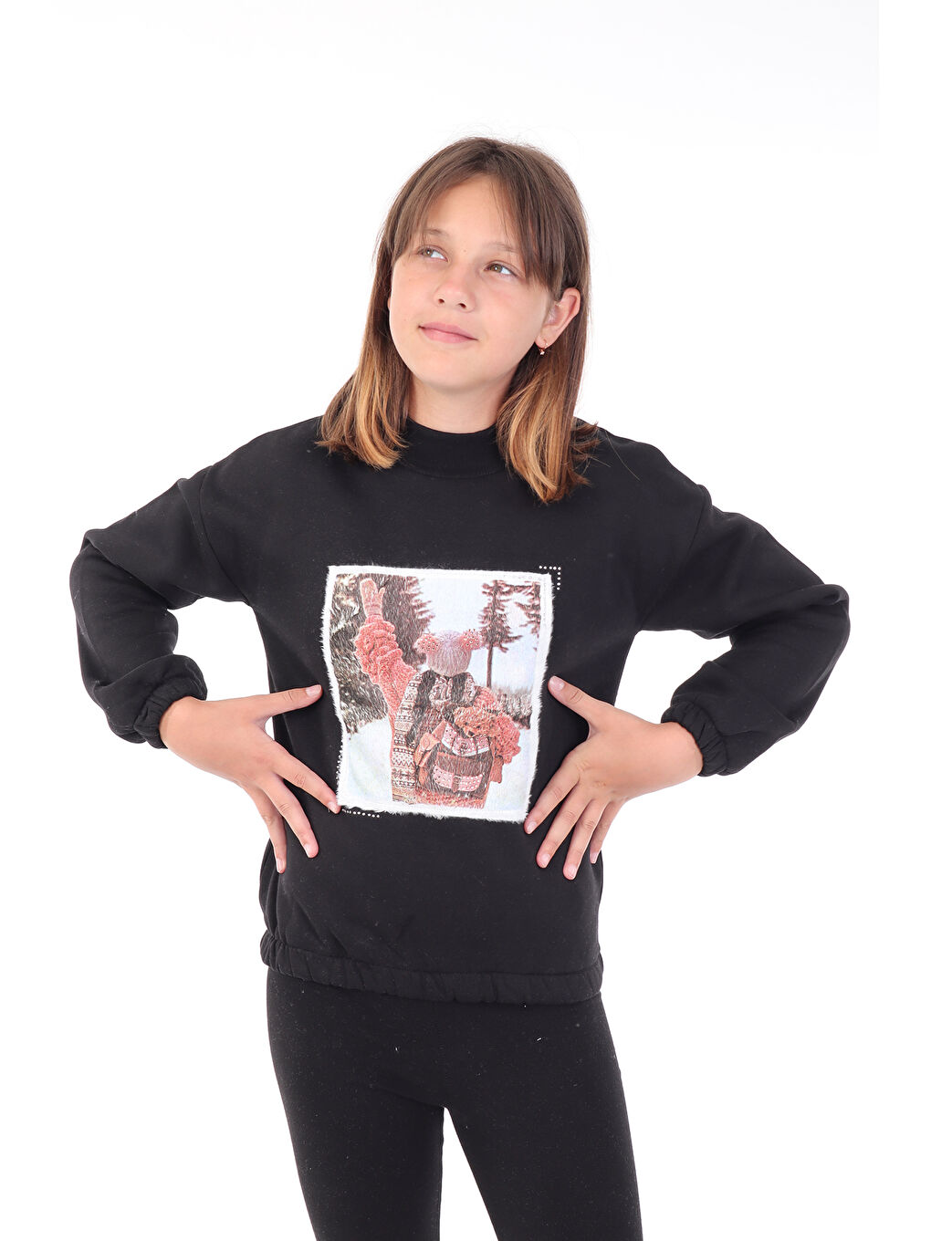 Siyah Kız Çocuk Baskılı Sweatshirt