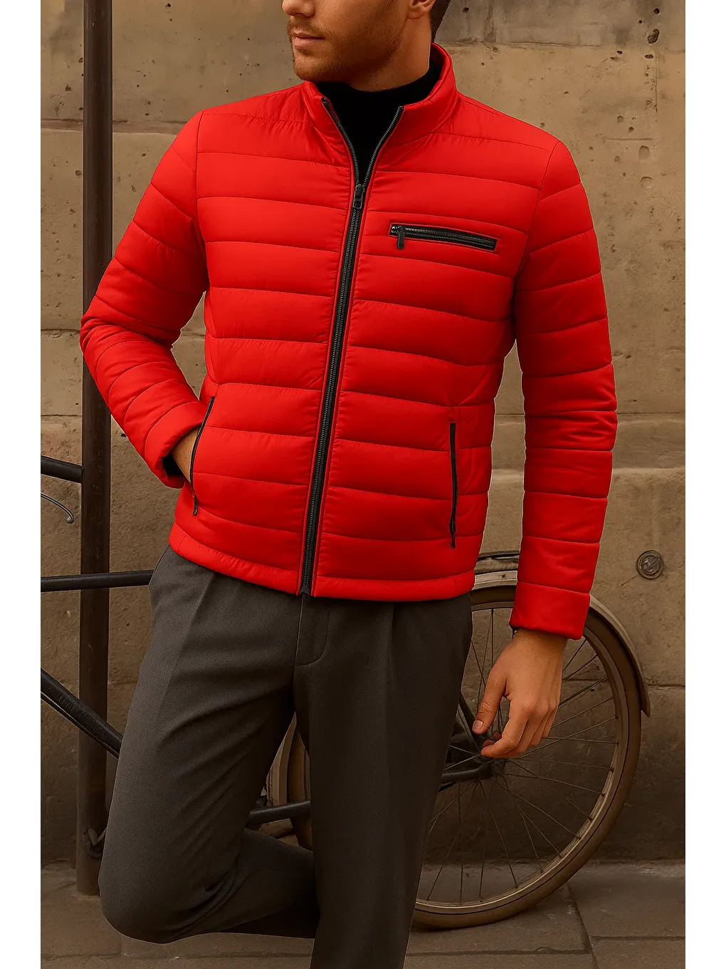 Erkek Kışlık Slim Fit Günlük Kırmızı Şişme Mont-3