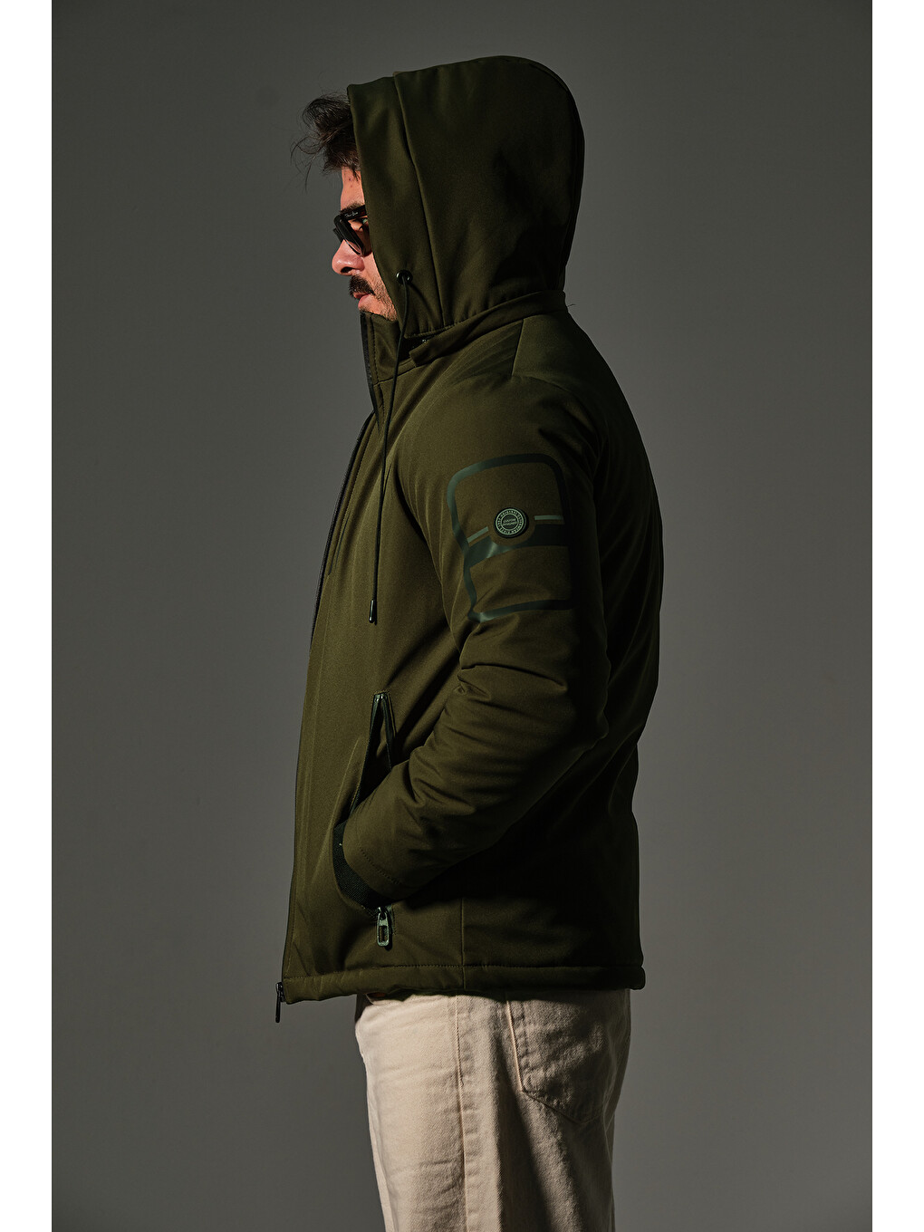 Haki Kapitone elyaflı Softshell, çıkarılabilir Kapüşonlu kışlık erkek Outdoor Mont @Berge-2