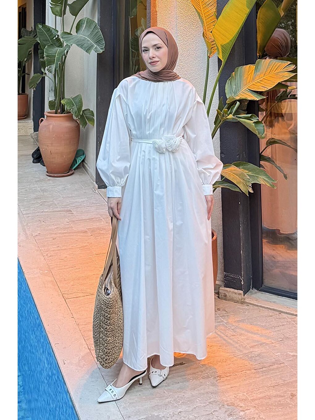 Pileli Poplin Elbise Beyaz