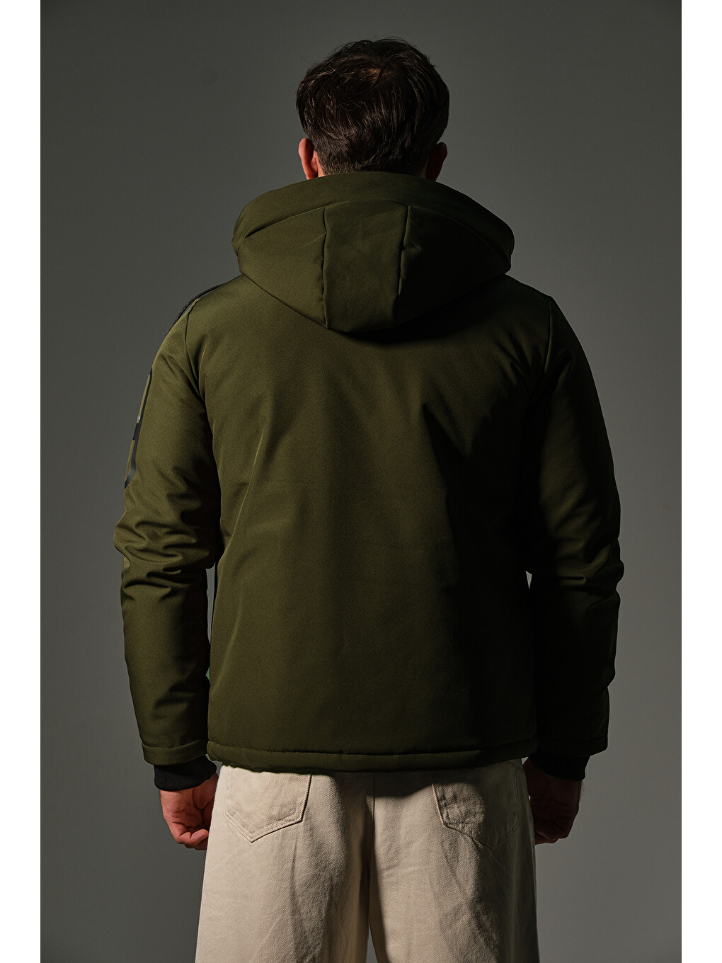 Haki Kapitone elyaflı Softshell, çıkarılabilir Kapüşonlu kışlık erkek Outdoor Mont @Berge-4