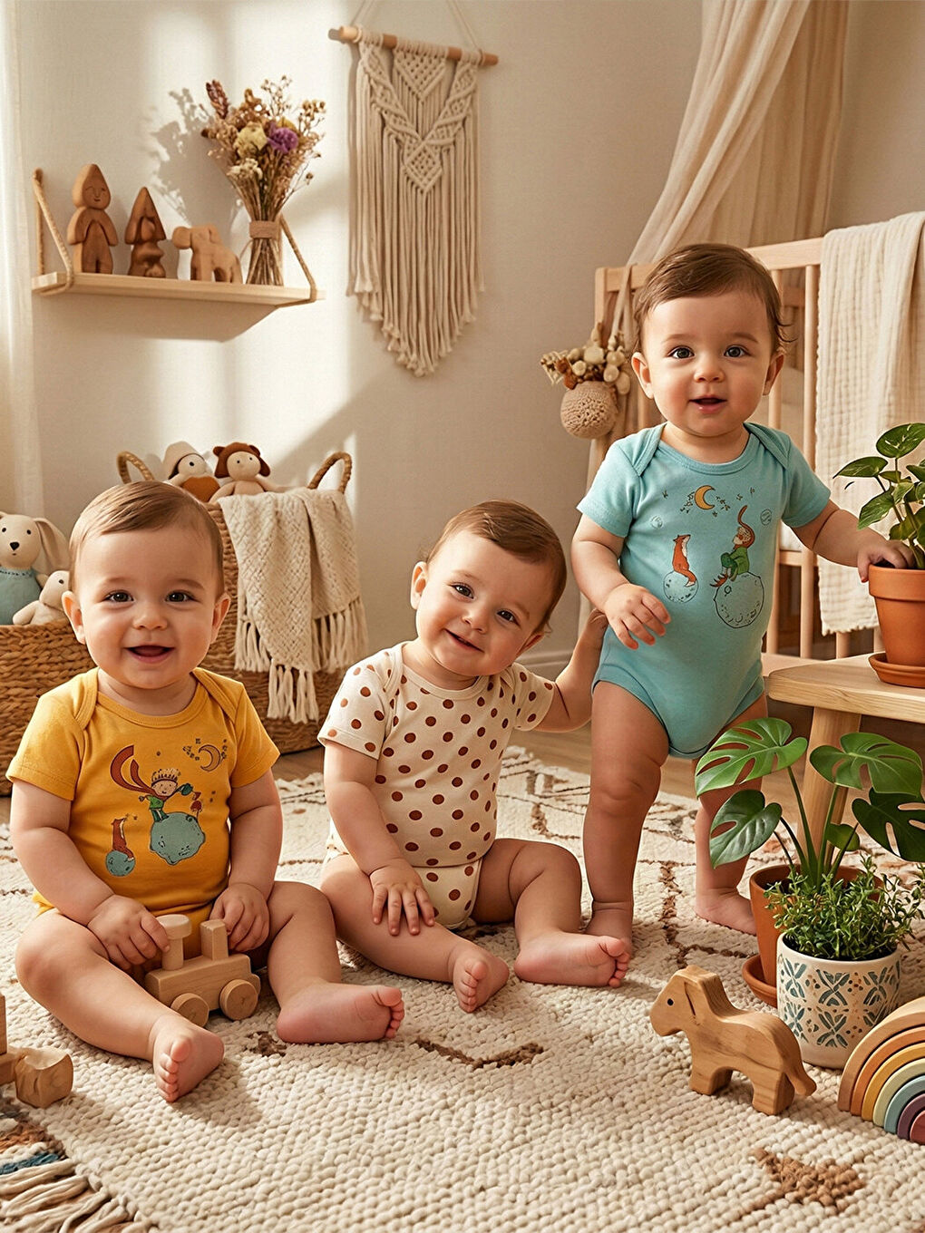 Mavi 3'lü %100 Pamuklu Organik Baskılı Kısa Kollu Çıtçıtlı Bebek Body Zıbın 10-21-1