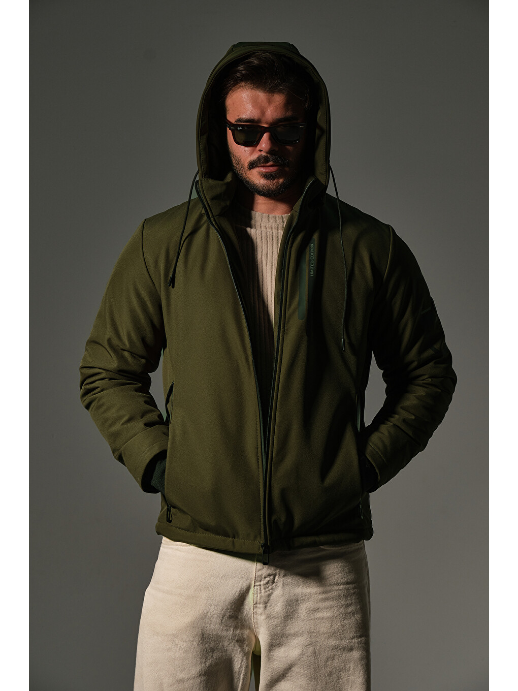 Haki Kapitone elyaflı Softshell, çıkarılabilir Kapüşonlu kışlık erkek Outdoor Mont @Berge-5