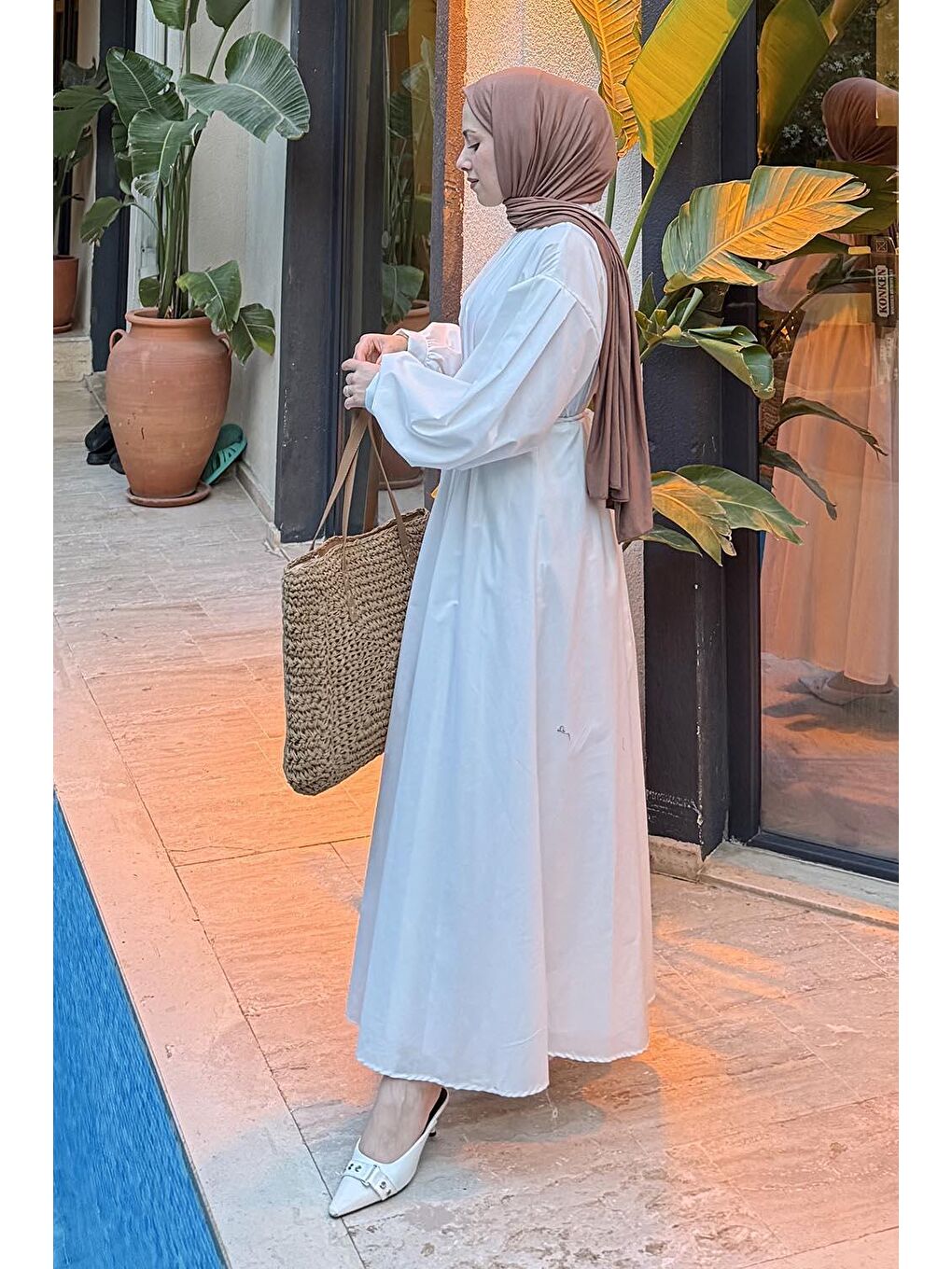 Pileli Poplin Elbise Beyaz-1