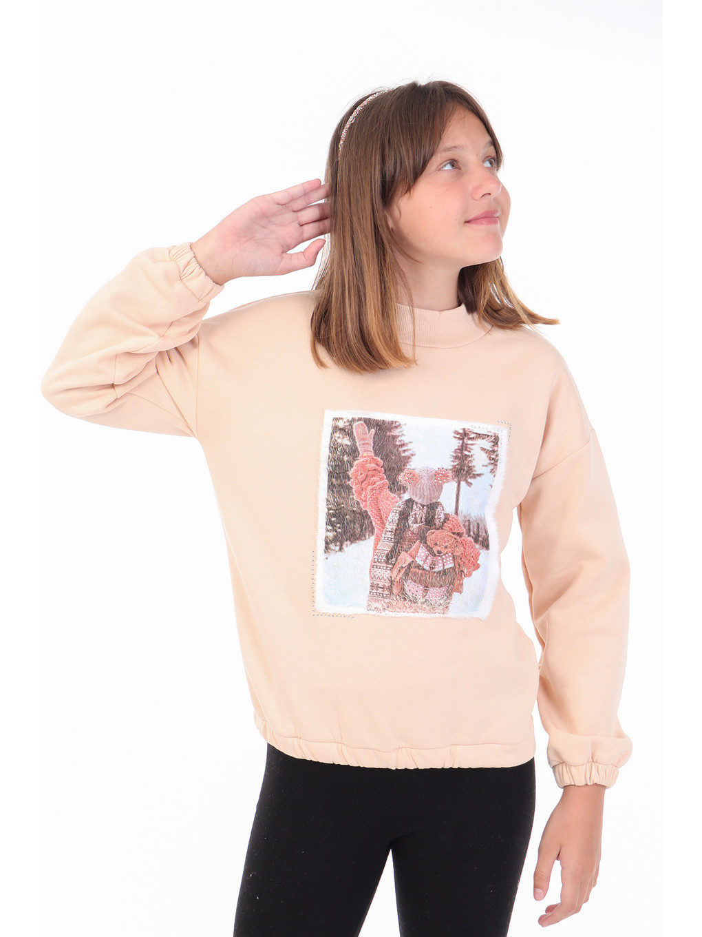 Bej Kız Çocuk Baskılı Sweatshirt