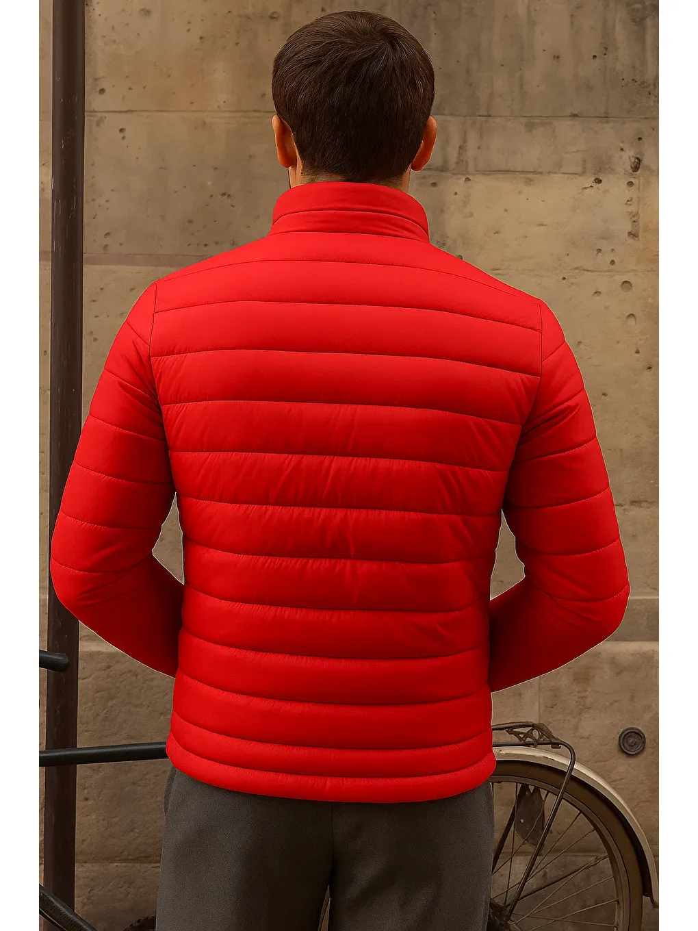 Erkek Kışlık Slim Fit Günlük Kırmızı Şişme Mont-5