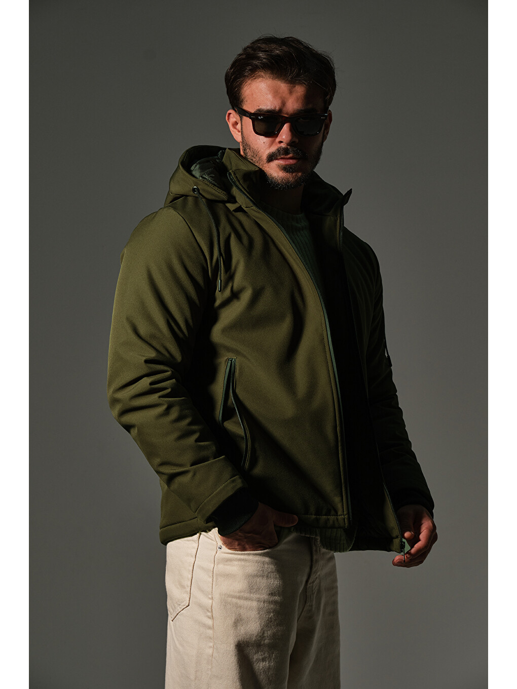 Haki Kapitone elyaflı Softshell, çıkarılabilir Kapüşonlu kışlık erkek Outdoor Mont @Berge-6