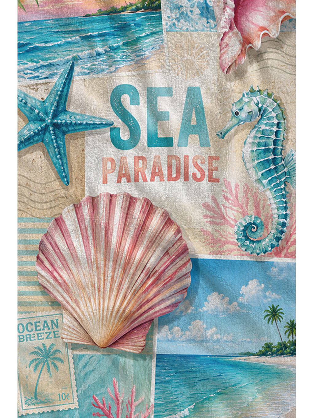 Turkuaz Pastel Deniz Kabuğu Denizatı Ve Sea Paradise Desenli 70x150 Plaj Havlusu - Pamuklu Banyo Havlusu-2