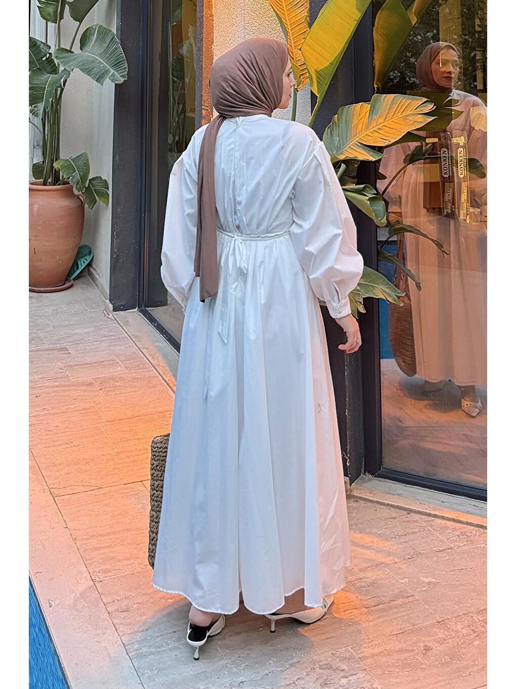 Pileli Poplin Elbise Beyaz-3