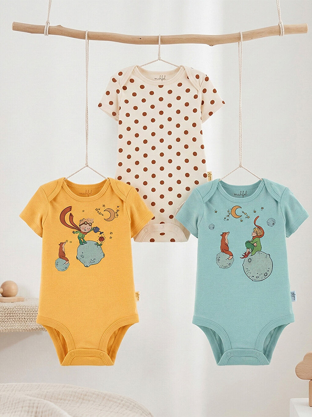 Mavi 3'lü %100 Pamuklu Organik Baskılı Kısa Kollu Çıtçıtlı Bebek Body Zıbın 10-21-2