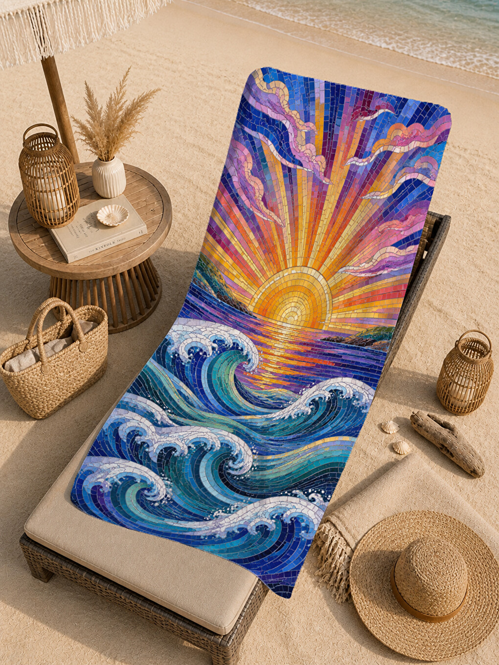 Turuncu Psychedelic Güneş Dalga Desenli 70x150 Plaj Havlusu - Dijital Baskılı Solmaz Banyo Havlusu-2