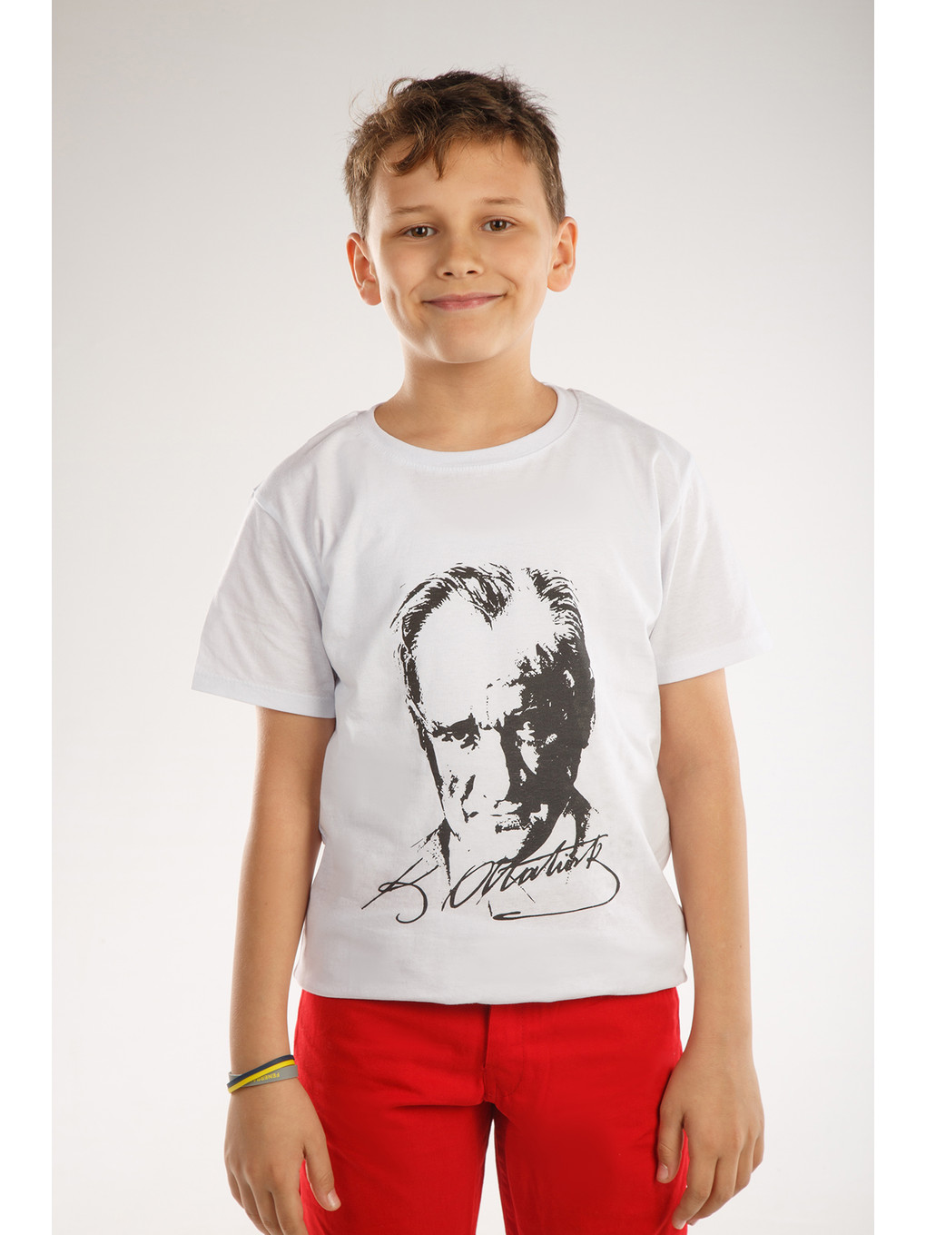 Beyaz Kids Bisiklet Yaka Atatürk Baskılı Kısa Kollu Erkek Çocuk Tişört