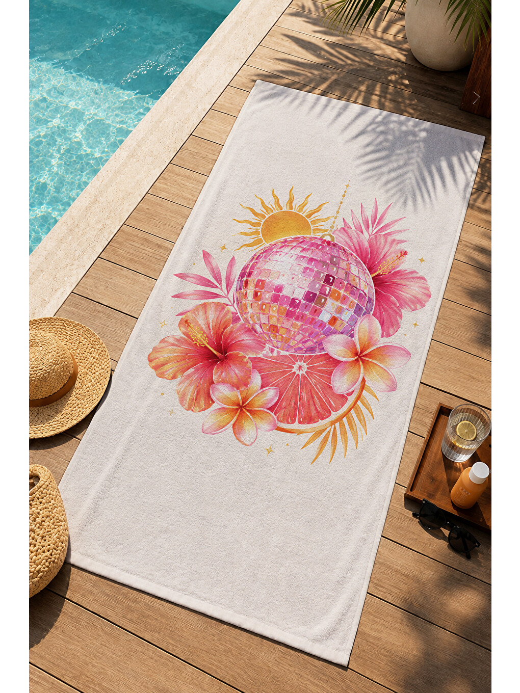 Sarı Pastel Narenciye Güneş Ve Tropikal Çiçek Desenli 70x150 Plaj Havlusu - Pamuklu Banyo Havlusu-1