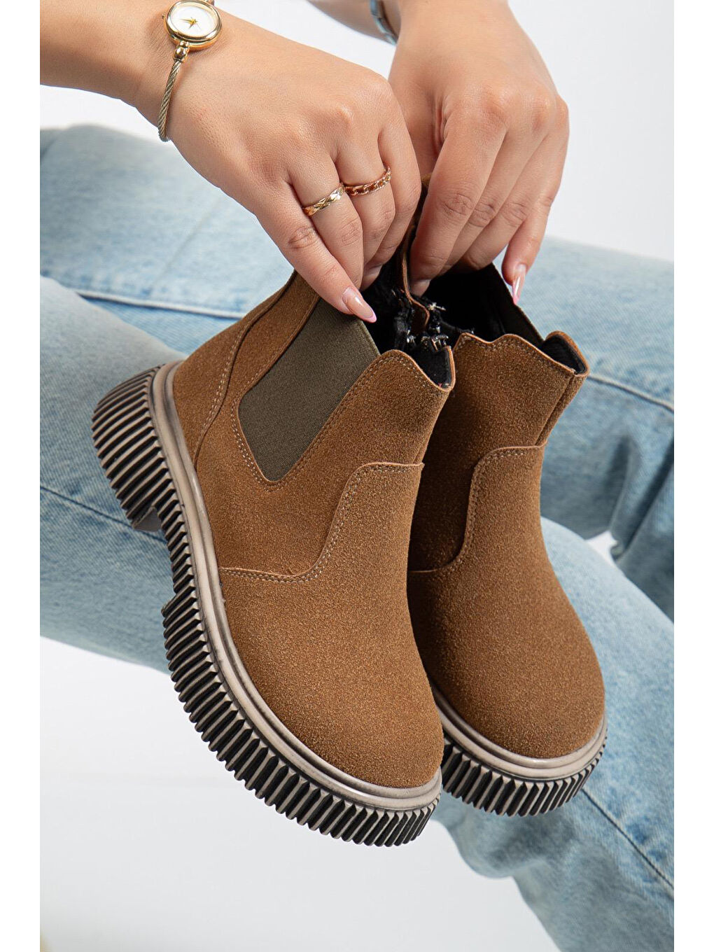 Kahverengi Çocuk Unisex Taba Süet Kalın Tırtıklı Termo Taban Fermuarlı Lastikli Chelsea Bot-1